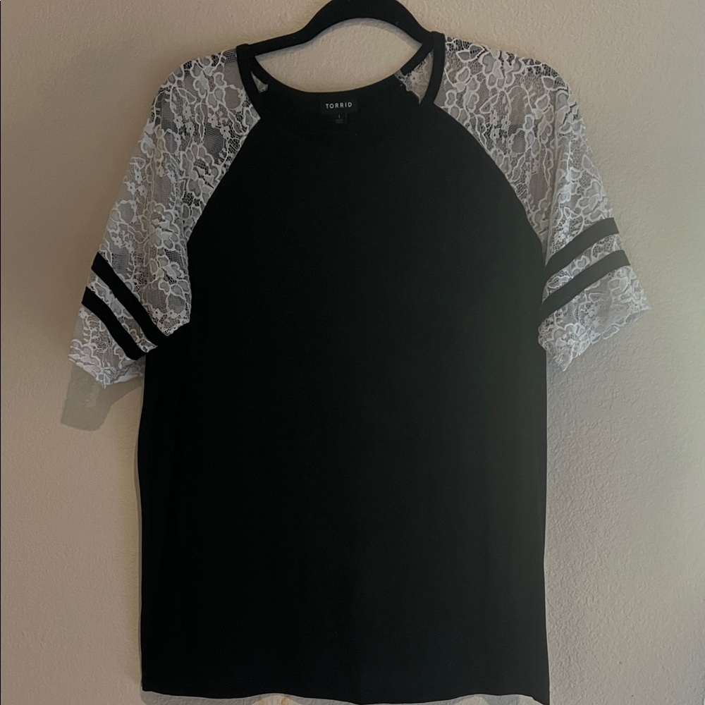 Torrid Black and White Lace Sleeve Tee